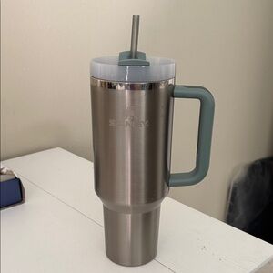 Stanley Silver and Green Tumbler with Straw